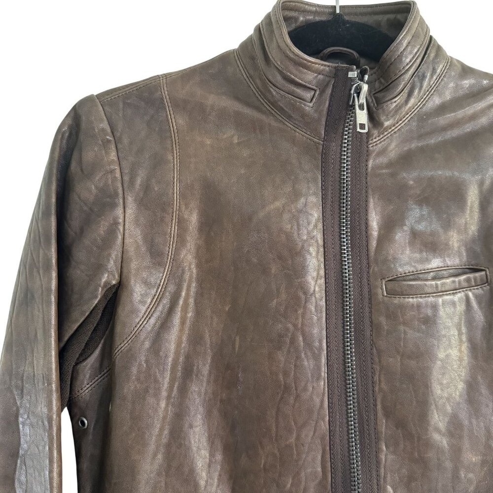 VEDA Brown Leather Moto Jacket Cropped Zip Front Stretch Panel Women’s XS - Picture 2 of 9